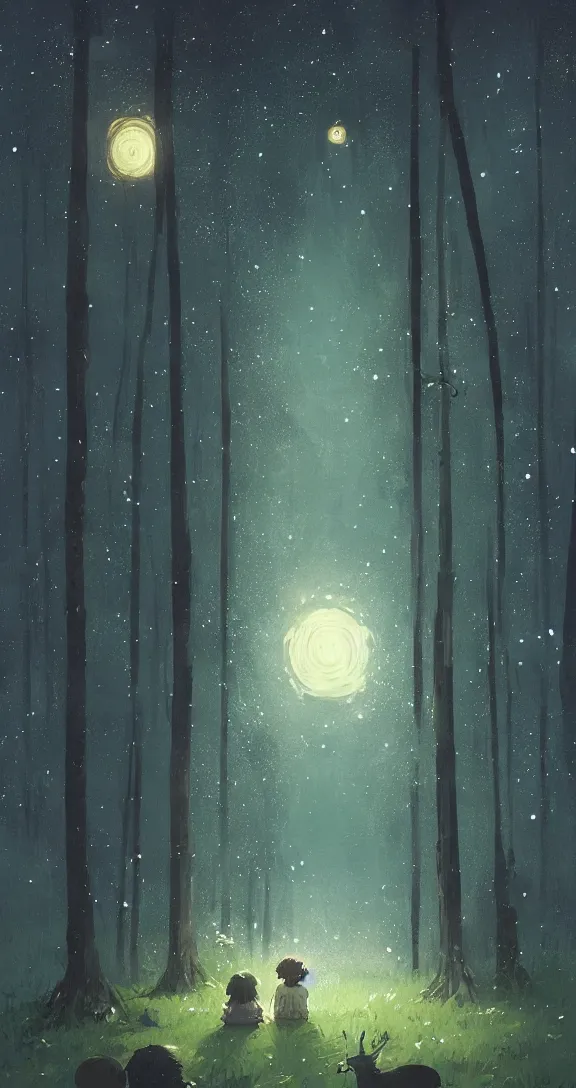 Prompt: A starry night in the forest, by Studio Ghibli and Greg Rutkowski, artstation