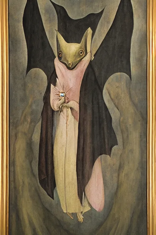 Image similar to silly hieronymus bosch creature. framed oil painting portrait of a bat in fancy felt robes. muted colour palette