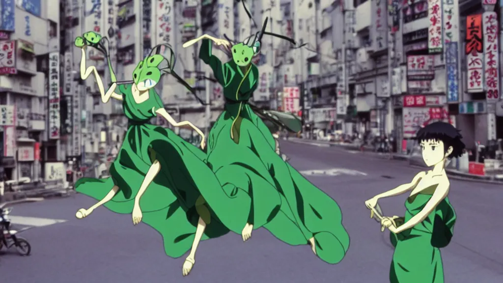 Image similar to a woman wearing a green dress and a praying mantis mask flying in the air in the streets of Tokyo with two swords, anime film still from the an anime directed by Katsuhiro Otomo with art direction by Salvador Dalí, wide lens