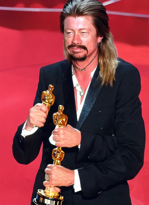 Prompt: a photograph of Joe Dirt winning an oscar