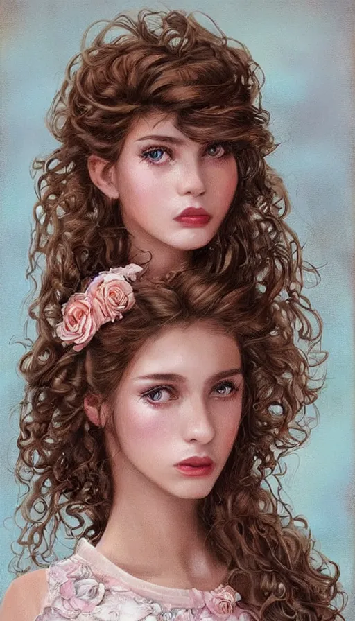 Image similar to portrait of young brunette from 1985, 80s theme, 80s hair, dreamy and ethereal, expressive pose, big brown eyes, peaceful expression, ornate frilly dress, fantasy, intricate, elegant, rose tones, highly detailed, digital painting, artstation, concept art, smooth, sharp focus, illustration, art by artgerm and greg rutkowski and alphonse mucha