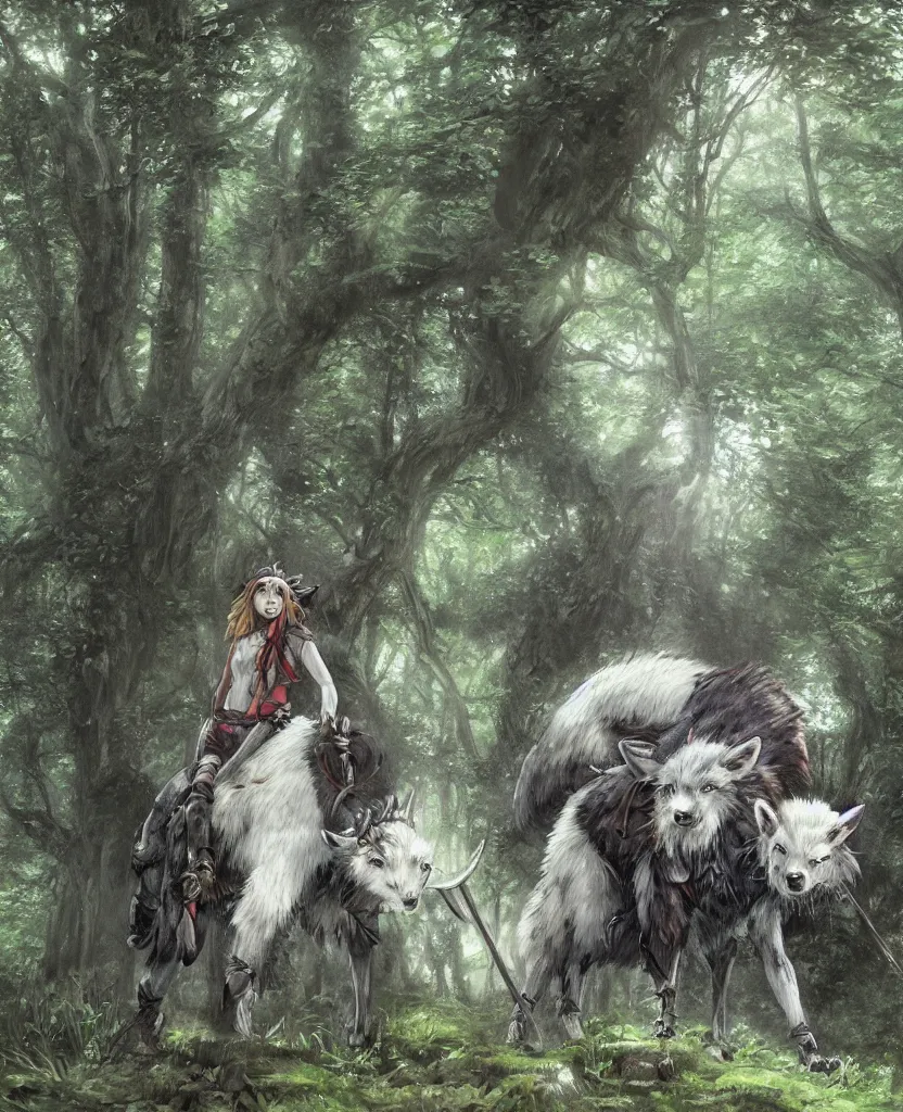 Image similar to portrait of fierce Princess Mononoke, fully clothed in armor, lush forest landscape, painted by james gurney, denoised, sharp, architectural