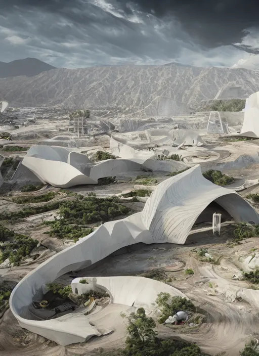 Image similar to bioremediation white mining tailing futuristic architecture in chuquicamata, epic, cinematic, hyperealistic, high detailed, corona render, hdr, ray tracing