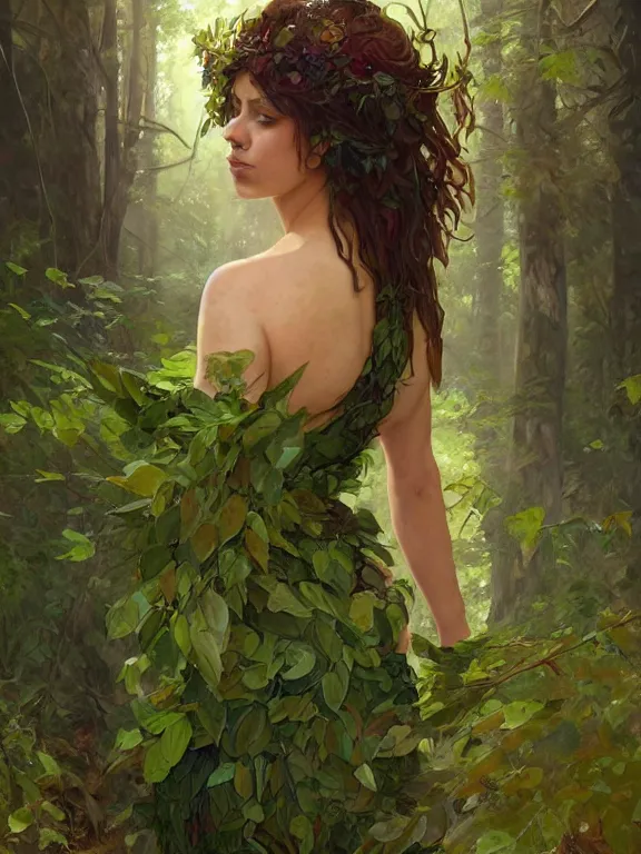 Prompt: portrait of a forest mage, female, buxom, dress made of green leaves, gorgeous, green hair, brown skin, curves, shapely derriere, forest background, highly detailed, digital painting, artgerm and greg rutkowski and alphonse mucha
