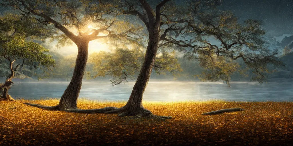 Prompt: Old oak shining with a delicate glow with golden leaves and silver bark standing on a lonely island in the middle of a lake 8k resolution artwork matte painting