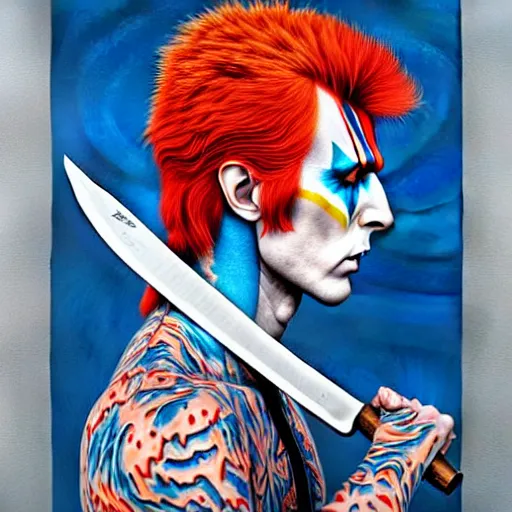 Prompt: Ziggy Stardust! holding! a Bowie knife, james jean!!!, realism