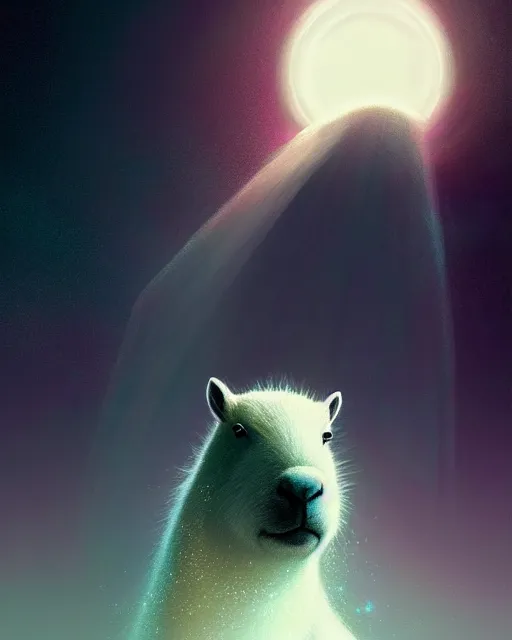 Prompt: a white capybara on delta halo ring, beautiful, agile, fairy, myth, legend, detailed, trending on artstation, light effects, kilian eng, john harris, bastien lecouffe - deharme