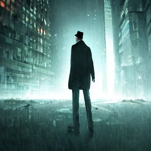 Prompt: A detective in trench coat falling out of a building , shattered glass, cyberpunk, futuristic, technology , cinematic lighting, depth of field, highly detailed, volumetric fog, dark, moody, gritty, rain, neon lights