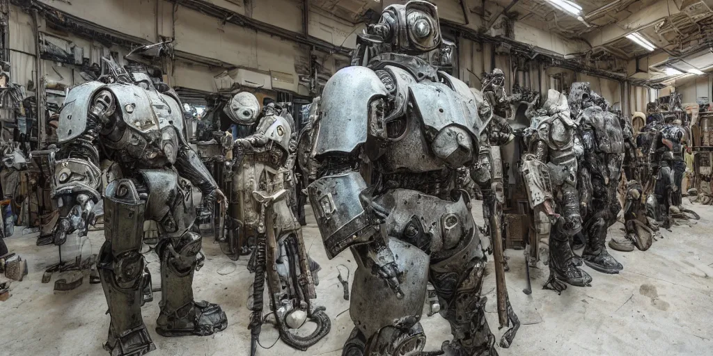 Image similar to wide angle panorama shot photo taken of an epic intricate, ultra detailed, super realistic gritty, hero prop, exquisitely weathered very clunky, bulky fallout 5 power armour suits movie prop replica's in a row in the workshop, created by weta workshop, full body shot, photorealistic, sharp focus, white wall, cold colour temperture