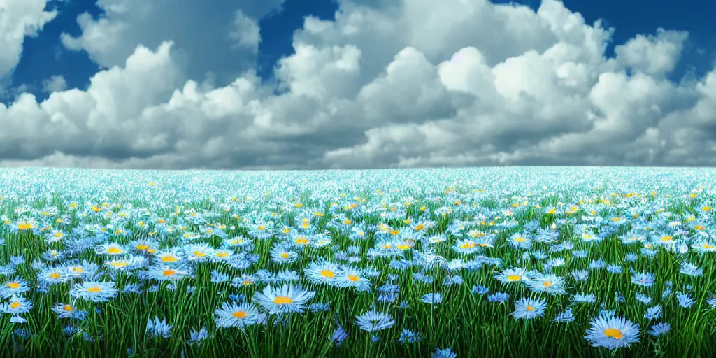 Prompt: field of light - blue daisies, white sky in background, matte painting