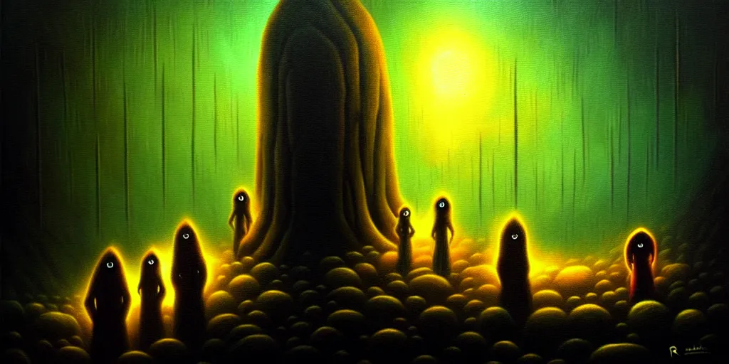 Image similar to creatures lurking in the collective unconscious, dramatic lighting from warm fire glow, in a dark surreal painting by ronny khalil