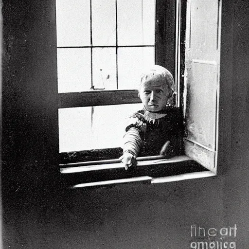 Prompt: an old photograph of a victorian child peering from a window in an abandoned mental asylum