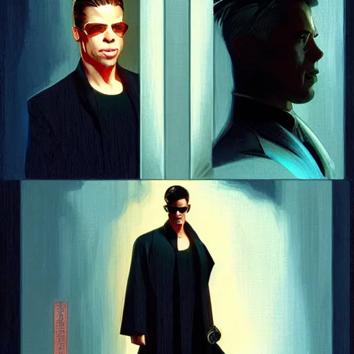 Prompt: brad pitt as neo in the matrix, in the style of studio ghibli, j. c. leyendecker, greg rutkowski, artgerm