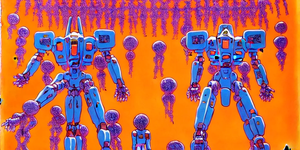 Image similar to risograph rendition of extremely - detailed white huge evangelion - like mech with a lot of orange tiny balls on it, children faces, ominous, intricate complexity, dramatic, epic composition, atmospheric, painting by moebius