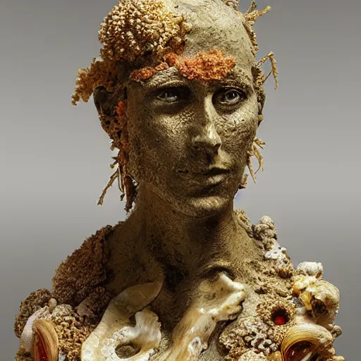 Prompt: a sculpture portrait made of shells and coral and sand and seaweed, painting part by wojciech siudmak, part by ilya repin, part by max ernst, part by norman rockwell, artstation