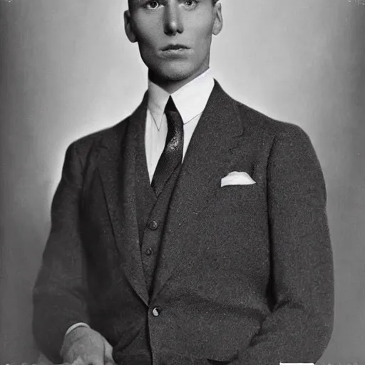 Image similar to A photograph portrait of Jerma985 wearing a suit with short slicked hair in the early 1930s, taken in the early 1930s, grainy, taken on a early 1930s Kodak Camera, realistic, hyperrealistic, very realistic, highly detailed, very detailed, extremely detailed, detailed, digital art, trending on artstation