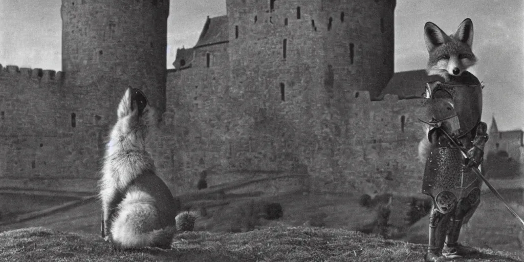 Image similar to anthropomorphic fox who is a medieval knight in front of a castle 1 9 3 0 s film still, ladislas starevich