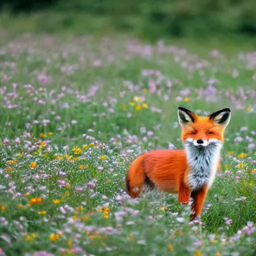 Image similar to a portrait of a fox in a field of beautiful flowers