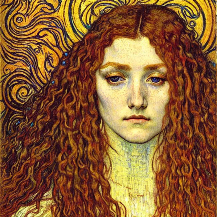 Image similar to detailed realistic beautiful young medieval queen face portrait by jean delville, gustav klimt and vincent van gogh, art nouveau, symbolist, visionary, gothic, pre - raphaelite, muted earthy colors, desaturated