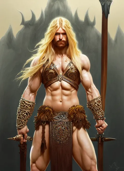 Image similar to symmetry! portrait of barbarian, long blond hair, d & d, muscular! fantasy, intricate, elegant, highly detailed, digital painting, artstation, concept art, smooth, sharp focus, illustration, art by artgerm and greg rutkowski and alphonse mucha