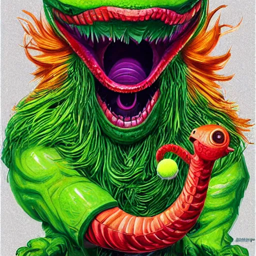 Image similar to a tennis ball monsters , snake, digital art, fantasy, magic, trending on artstation, ultra detailed, professional illustration by Basil Gogos