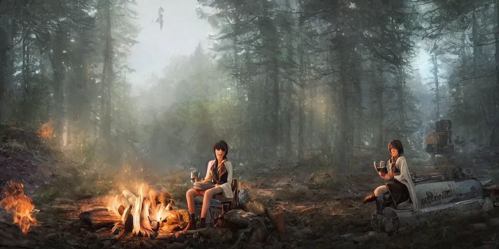 Image similar to a girl from final fantasy live action, with short black hair and green eyes in a tan trenchcoat sitting on a log and drinking tea by the campfire by her dieselpunk motorcycle at night, award winning, masterpiece digital painting by greg rutkowski, alex grey, artstation, 4 k wallpaper