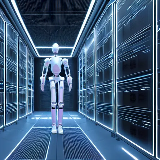 Image similar to hyperrealism stock photo of highly detailed stylish humanoid robot in futuristic sci - fi style by gragory crewdson and vincent di fate in the detailed data center by mike winkelmann and laurie greasley rendered in blender and octane render