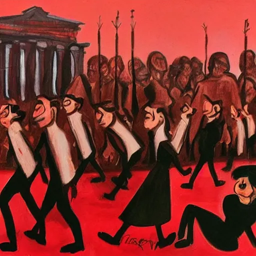 Image similar to feminist revolution, lisbon city at night, art in the style of paula rego