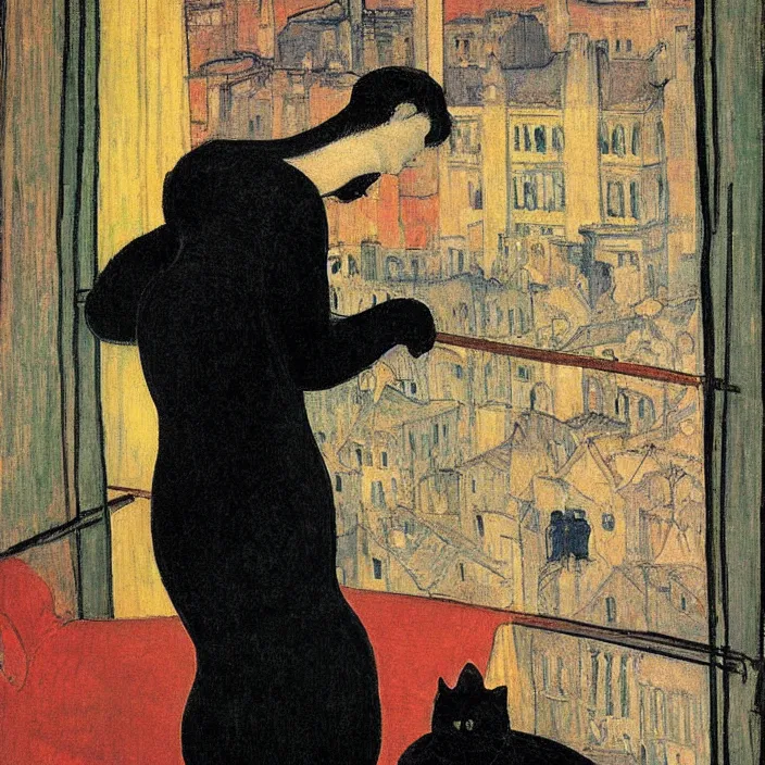 Prompt: couple under a baldachin with city seen from a window frame at night. fuzzy black cat. henri de toulouse - lautrec, utamaro, matisse, felix vallotton, monet