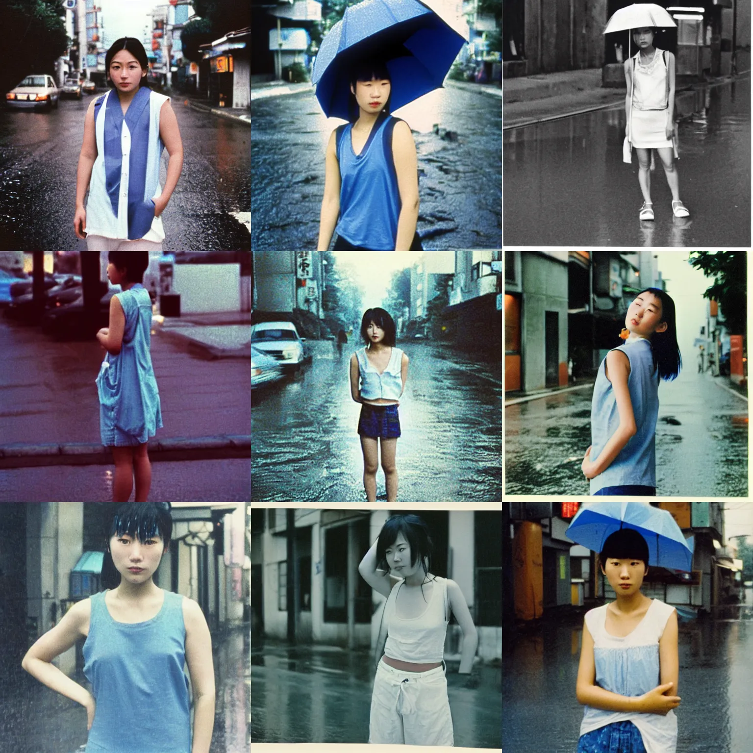 Prompt: A middle-shot from front, blue color photograph portrait of a young Japanese woman in sleeveless white shirt is standing in the heavy rainy street, cool twilight, 1990 photo from Japanese photograph Magazine.