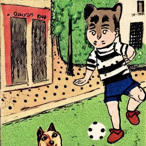 Image similar to illustration of french boy on the streets of paris playing football against a corgi, the dog is wearing a polka dot scarf, comic, 1 9 6 6