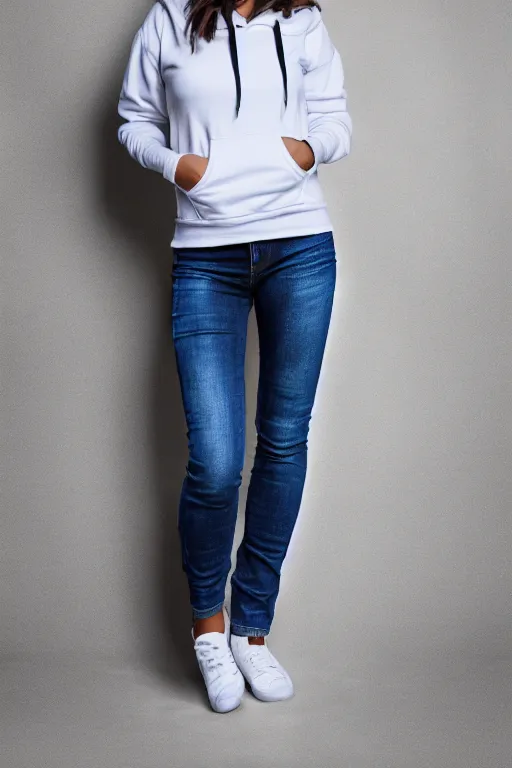Image similar to full - body shot female fashion model wearing jeans and hoodie on white background for ecommerce