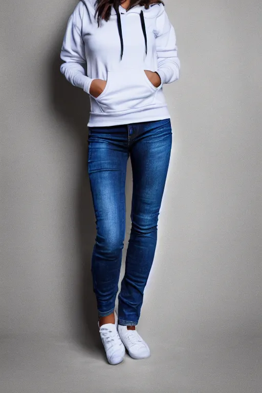 Prompt: full - body shot female fashion model wearing jeans and hoodie on white background for ecommerce