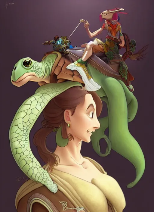 Image similar to elegant fantasy turtle with a horses head. natural lighting, path traced, highly detailed, high quality, digital painting, by don bluth and ross tran and studio ghibli and alphonse mucha, artgerm