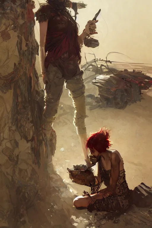 Image similar to a full body portrait of a beautiful post apocalyptic offworld butchers district bedouin blind pulp fiction scarlet wild rogue barbarian leper begging by the roadside, intricate, elegant, highly detailed, digital painting, artstation, concept art, smooth, sharp focus, illustration, art by krenz cushart and artem demura and alphonse mucha