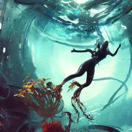 Image similar to woman diving in an alien aquarium, kelp, coral, solar rays, cyberpunk, realistic, detailed, Industrial Scifi, paint, watercolor, in the style of Ashley Wood and Wadim Kashin