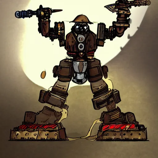 Prompt: a high fantasy WW1 experimental combat mech attacking an enemy tank in the style of desielpunk/steampunk/decopunk