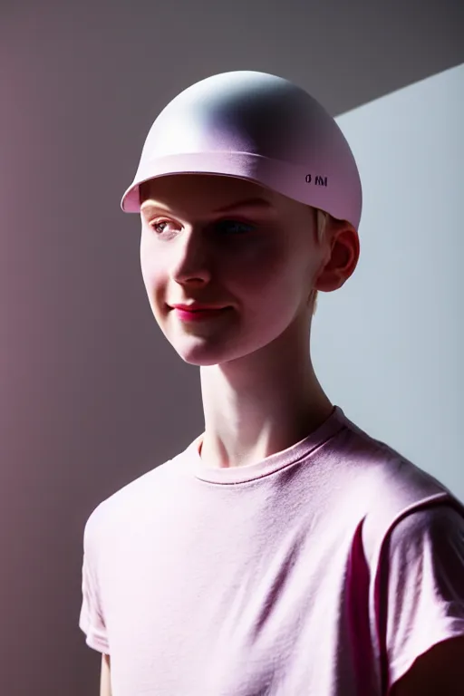 Prompt: a high definition film photograph of a normal androgynous robot human wearing a plain white t - shirt, in a pastel pink room. happy. visor covering eyes. silver reflective metallic. crushed shadows.