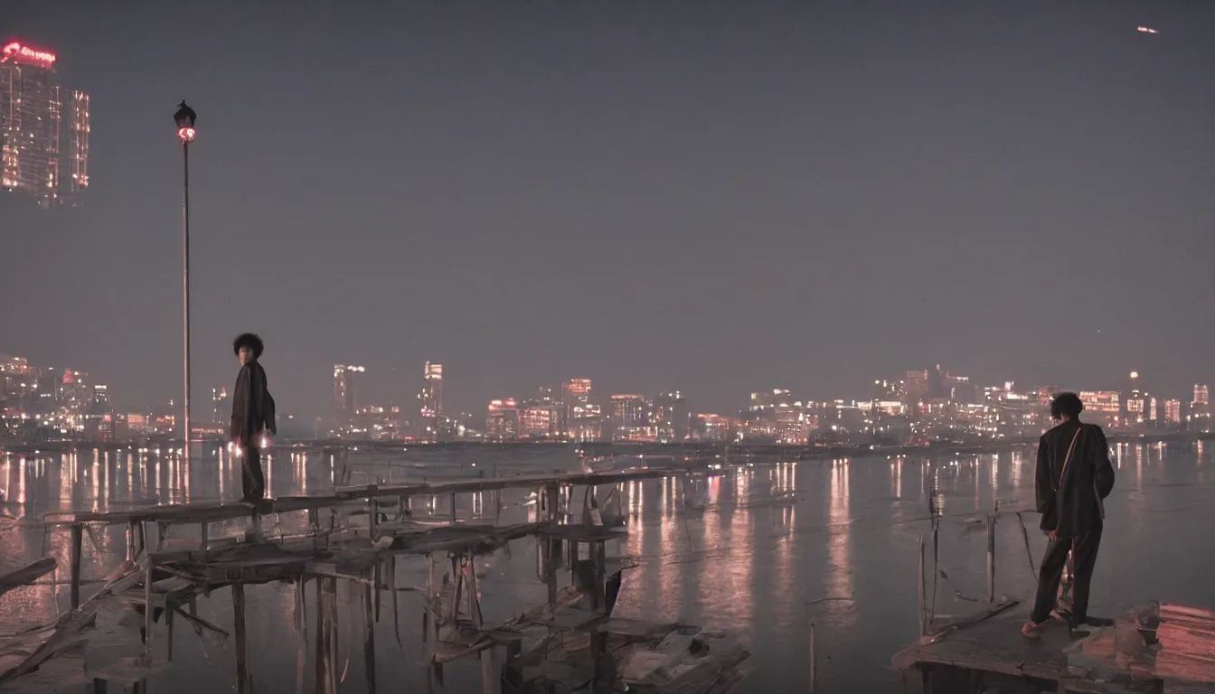 Prompt: 80s asian neon movie still with a lone man levitating on a pier overlooking the river at night with city lights behind his back. Fallen angels movie still. hyperrealistic, high definition, medium format photography, highly detailed, tehnicolor, anamorphic 50mm lens