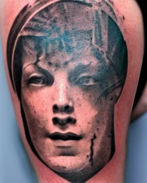 Image similar to planets on the top of a broken renaissance head statue, realism tattoo