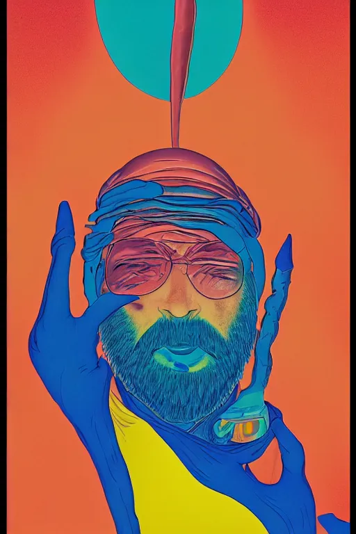 Prompt: a colorful closeup portrait of a bald bearded man sucking a blotter paper of lsd acid and dreaming psychedelic hallucinations in the vast icy landscape of antarctica, by kawase hasui, moebius and edward hopper, colorful flat surreal design, hd, 8 k, artstation