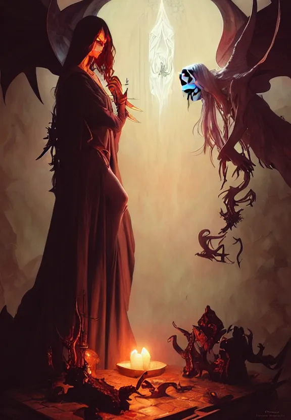 Image similar to occultist witch conjuring a demon, fantasy magic, dark light night, intricate, elegant, sharp focus, illustration, highly detailed, digital painting, concept art, matte, art by wlop and artgerm and greg rutkowski and alphonse mucha, masterpiece