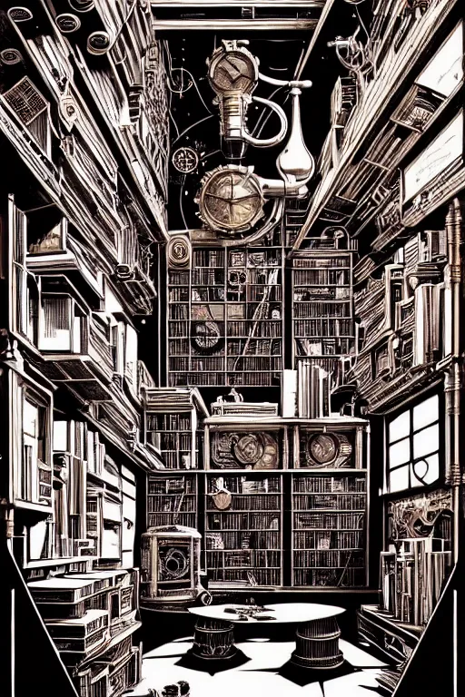 Image similar to a majestic steampunk alchemists bookshelf, two point perspective, furniture, high details, bold line art, by vincent di fate and joe fenton, inking, etching, screen print, masterpiece, trending on artstation, sharp, high contrast, hyper - detailed,, hd, 4 k, 8 k