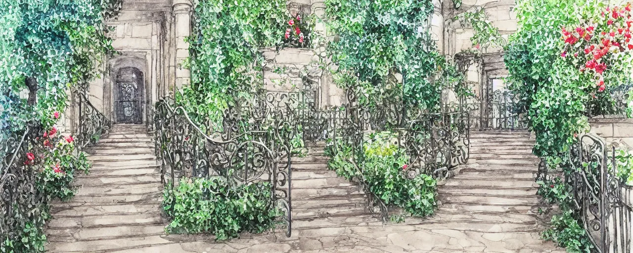 Prompt: isomeric view, sunny, stairway, chairs, wrought iron gate, tree, delicate, botanic garden, garden road, temple in a botanical herbarium paper, watercolor colored painting, iridescent colors, 8 k, realistic shaded, fine details, artstation, italian style, colonnade, huge flower