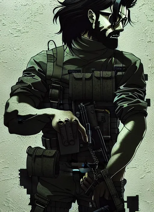 Image similar to highly detailed closeup of a moody solid snake mgs with codec by atey ghailan, by greg rutkowski, by greg tocchini, by james gilleard, by joe fenton, by kaethe butcher, by yoji shinkawa, gradient blue, black, brown and white color scheme muted tones, grunge aesthetic!!! white graffiti tag wall background