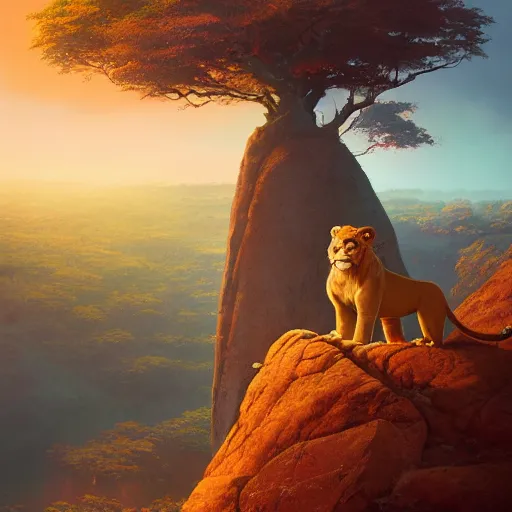 Image similar to Simba from the Lion King standing on pride rock, summer, bright and beautiful, orange tones, oil painting, Greg Rutkowski, Charlie Bowater, unreal 5, DAZ, hyperrealistic, octane render, RPG portrait, dynamic lighting, fantasy art, beautiful face