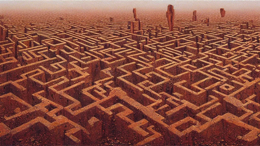 Prompt: ancient ruins of a giant maze in the desert by beksinski and peter gric and bruce pennington
