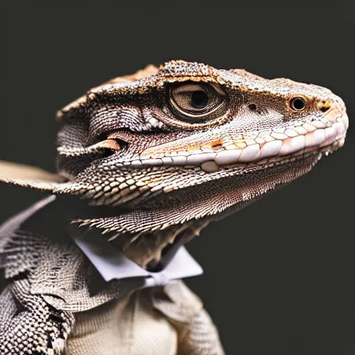 Prompt: dslr portrait still of a bearded dragon wearing a top hat and bow tie 8 k 8 5 mm f 1. 4