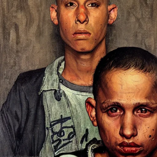 Image similar to A Frontal portrait of an MS-13 gang member as a prisoner awaiting sentancing. A painting by Norman Rockwell.