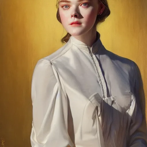 Image similar to Elle Fanning as an Android, oil on canvas, golden hour, artstation, by J. C. Leyendecker and Peter Paul Rubens,